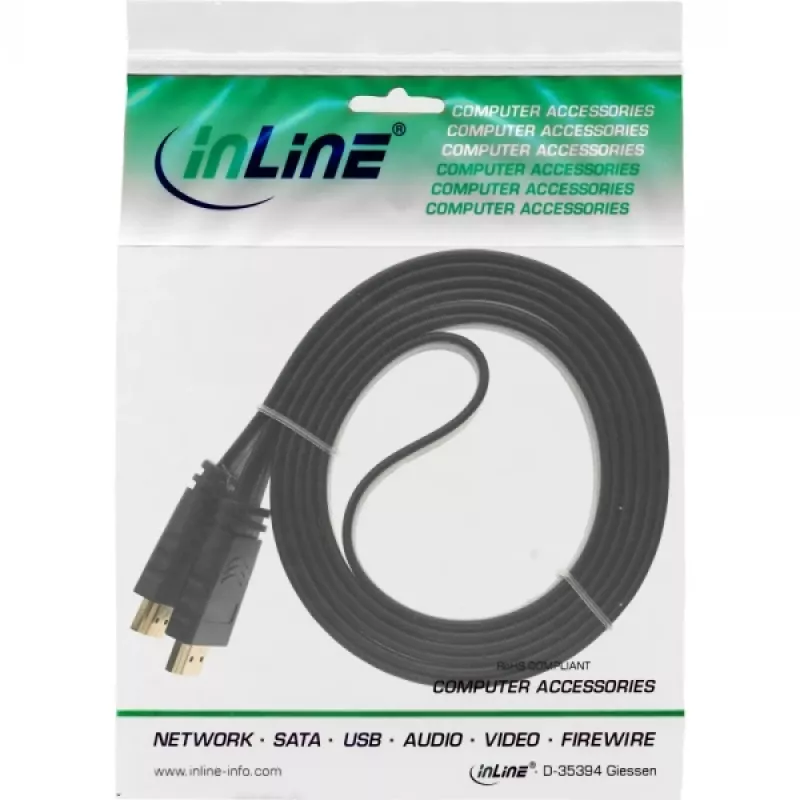 InLine HDMI plokščias kabelis High Speed su Ethernet auksuoti kontaktai juodas 2m
