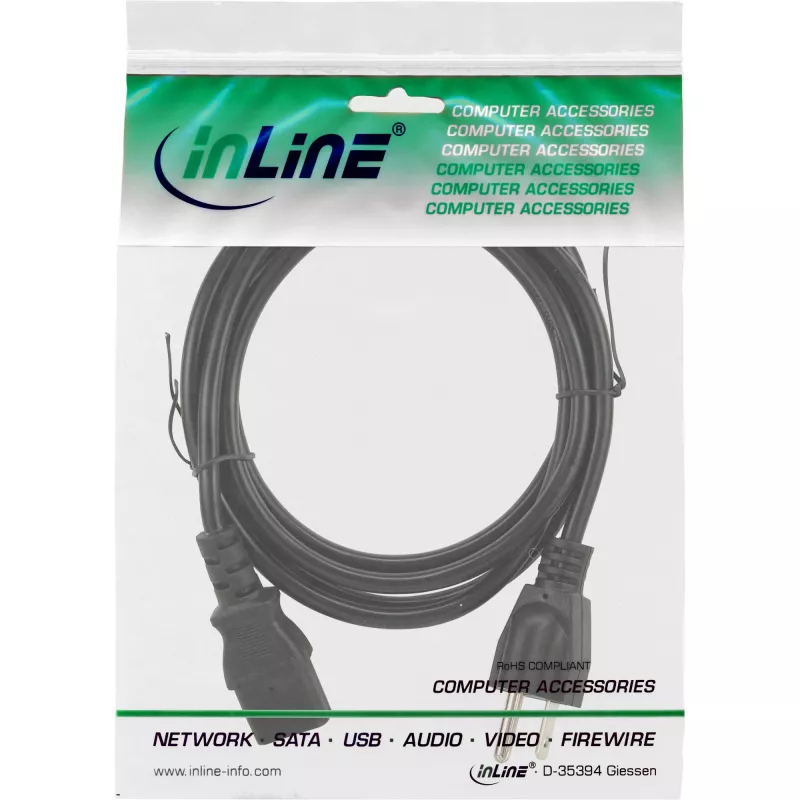 InLine maitinimo laidas USA kištukas / 3pin IEC C13 lizdas, 18 AWG, 3 m, 125 V, 10 A