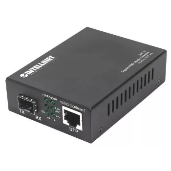 Intellinet Gigabit PoE+ medijos keitiklis, 1 x 1000Base-T RJ45 prievadas į 1 x SFP prievadą, PoE+ injektorius