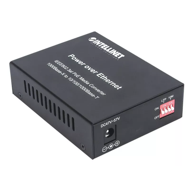 Intellinet Gigabit PoE+ medijos keitiklis, 1 x 1000Base-T RJ45 prievadas į 1 x SFP prievadą, PoE+ injektorius