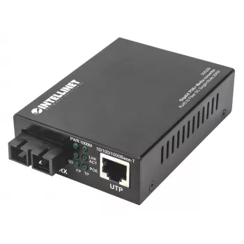 Intellinet Gigabit PoE+ medijos keitiklis, 1000Base-T RJ45 prievadas į 1000Base-LX (SC) vienmodį, 20 km, su PoE+ įpurškimu