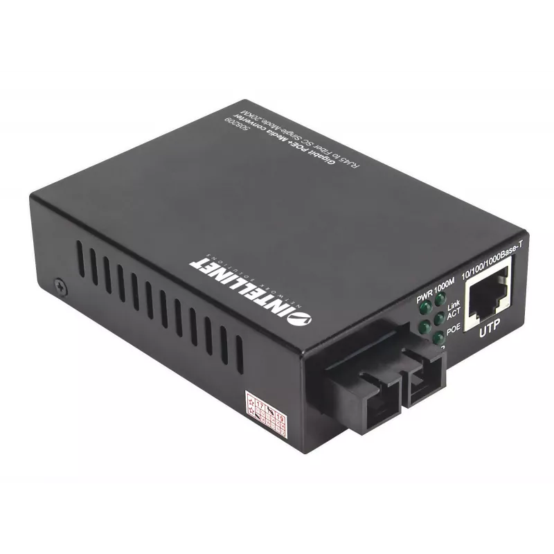 Intellinet Gigabit PoE+ medijos keitiklis, 1000Base-T RJ45 prievadas į 1000Base-LX (SC) vienmodį, 20 km, su PoE+ įpurškimu