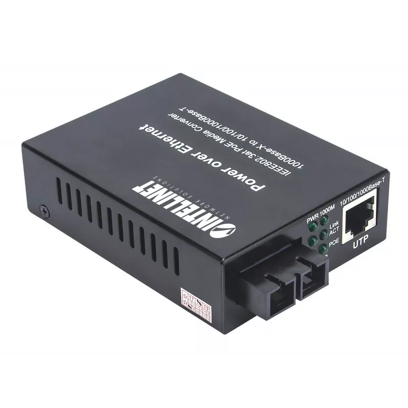 Intellinet Gigabit PoE+ medijos keitiklis, 1000Base-T RJ45 prievadas į 1000Base-LX (SC) vienmodį, 20 km, su PoE+ įpurškimu