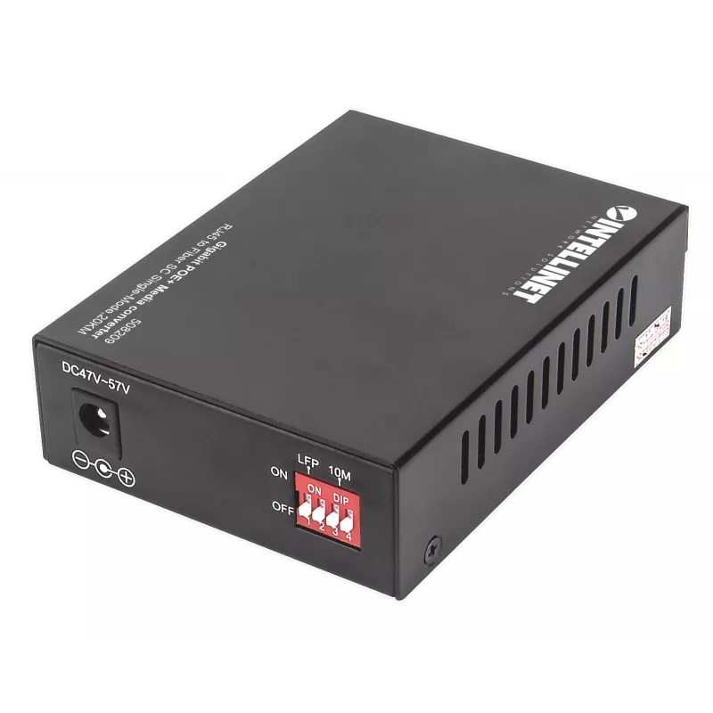 Intellinet Gigabit PoE+ medijos keitiklis, 1000Base-T RJ45 prievadas į 1000Base-LX (SC) vienmodį, 20 km, su PoE+ įpurškimu