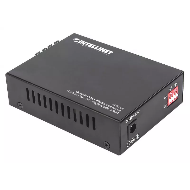 Intellinet Gigabit PoE+ medijos keitiklis, 1000Base-T RJ45 prievadas į 1000Base-LX (SC) vienmodį, 20 km, su PoE+ įpurškimu