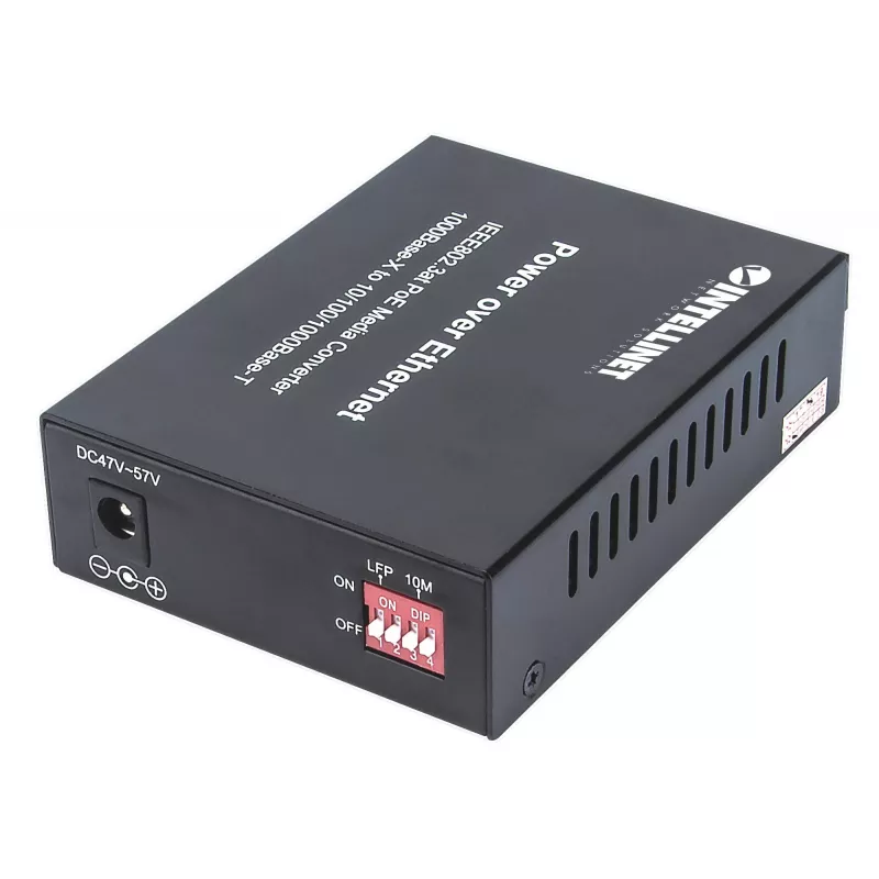 Intellinet Gigabit PoE+ medijos keitiklis, 1000Base-T RJ45 prievadas į 1000Base-LX (SC) vienmodį, 20 km, su PoE+ įpurškimu