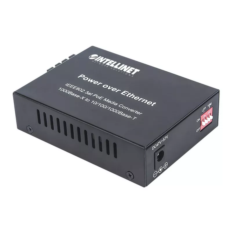 Intellinet Gigabit PoE+ medijos keitiklis, 1000Base-T RJ45 prievadas į 1000Base-LX (SC) vienmodį, 20 km, su PoE+ įpurškimu