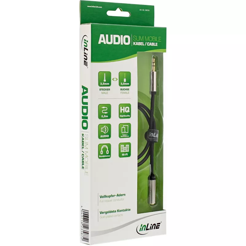 InLine Slim garso laidas 3,5 mm kištukas / lizdas stereo 0,5 m, juodas