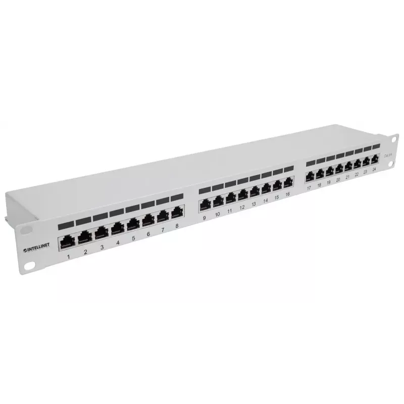 Intellinet skydinis pataisų skydelis, Cat6a, FTP, 24 prievadai, 1U, 90° viršutinis įvedimas, pilka
