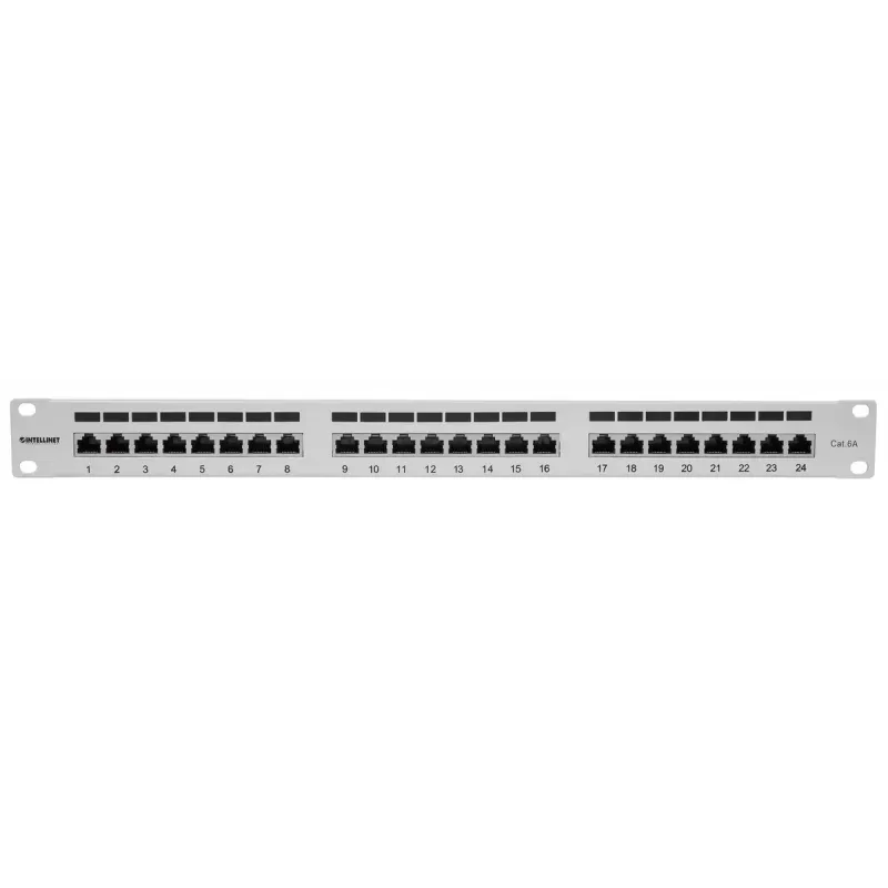 Intellinet skydinis pataisų skydelis, Cat6a, FTP, 24 prievadai, 1U, 90° viršutinis įvedimas, pilka