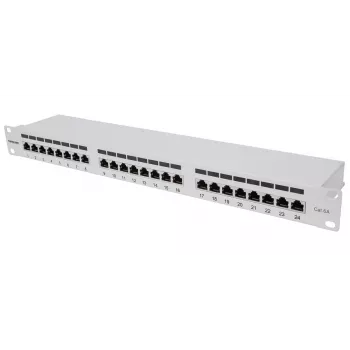 Intellinet skydinis pataisų skydelis, Cat6a, FTP, 24 prievadai, 1U, 90° viršutinis įvedimas, pilka