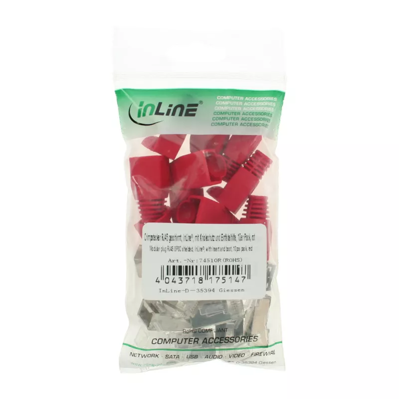 InLine RJ45 8P8C ekranuota jungtis su laidų įvedikliu ir lenkimo apsauga, raudona
