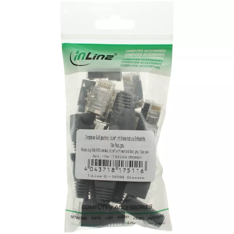InLine RJ45 8P8C ekranuotas užspaudžiamas lizdas su laidų kreiptuvu ir apsauga nuo lenkimo, pilkas