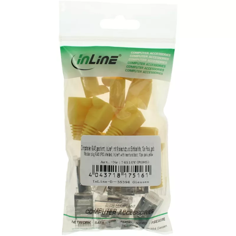 InLine RJ45 8P8C ekranuota jungtis su laidų siūlu ir apsauga nuo lenkimo, geltona (10 vnt.)