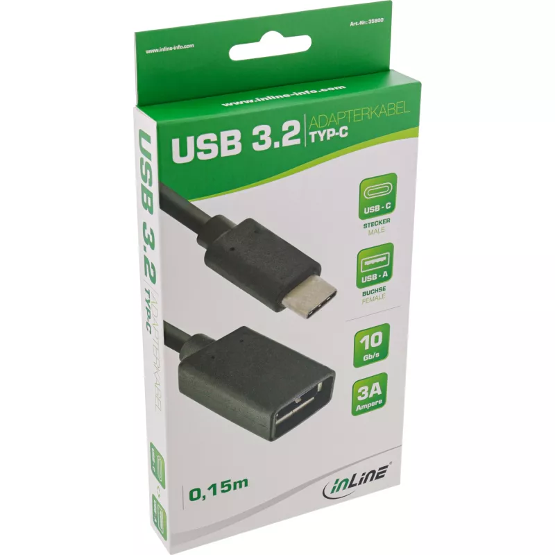 InLine USB 3.2 Gen.1x2 adapterio laidas, USB-C kištukas / A lizdas, juodas, 0,15 m