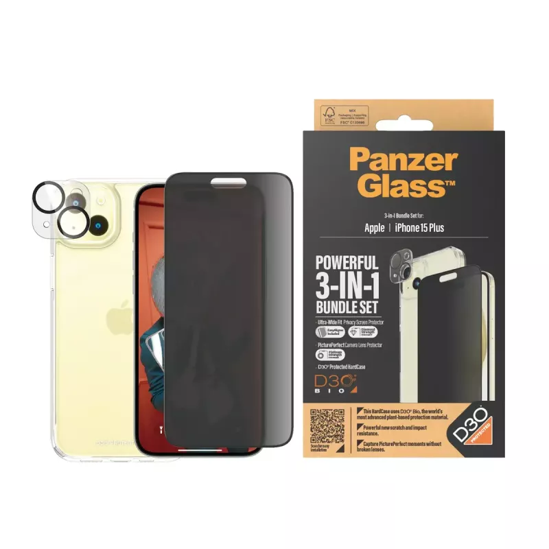 PanzerGlass Privacy 3-in-1 Pack iPhone 15 Plus grūdintas stiklas