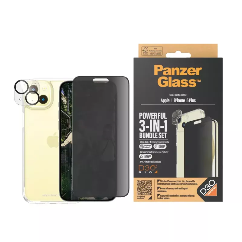 PanzerGlass Privacy 3-in-1 Pack iPhone 15 Plus grūdintas stiklas