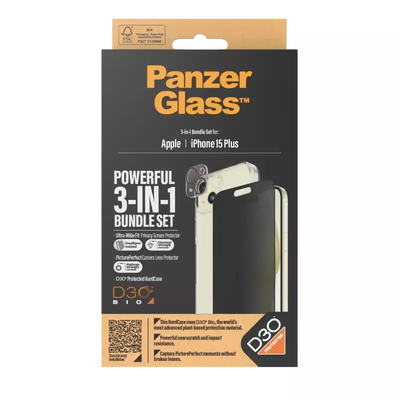 PanzerGlass Privacy 3-in-1 Pack iPhone 15 Plus grūdintas stiklas