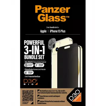 PanzerGlass 3 viename rinkinys iPhone 15 Plus smūgiams atsparus grūdintas stiklas