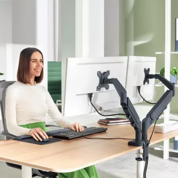 Dvigubas monitoriaus laikiklis Leitz Ergo Space Saving, 9 kg, 43,2 cm (17 col.), 81,3 cm (32 col.), 75 x 100 mm, aukščio reguliavimas, pilka