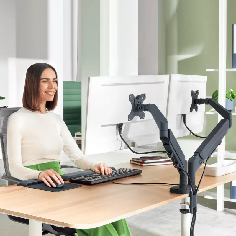 Dvigubas monitoriaus laikiklis Leitz Ergo Space Saving, 9 kg, 43,2 cm (17 col.), 81,3 cm (32 col.), 75 x 100 mm, aukščio reguliavimas, pilka