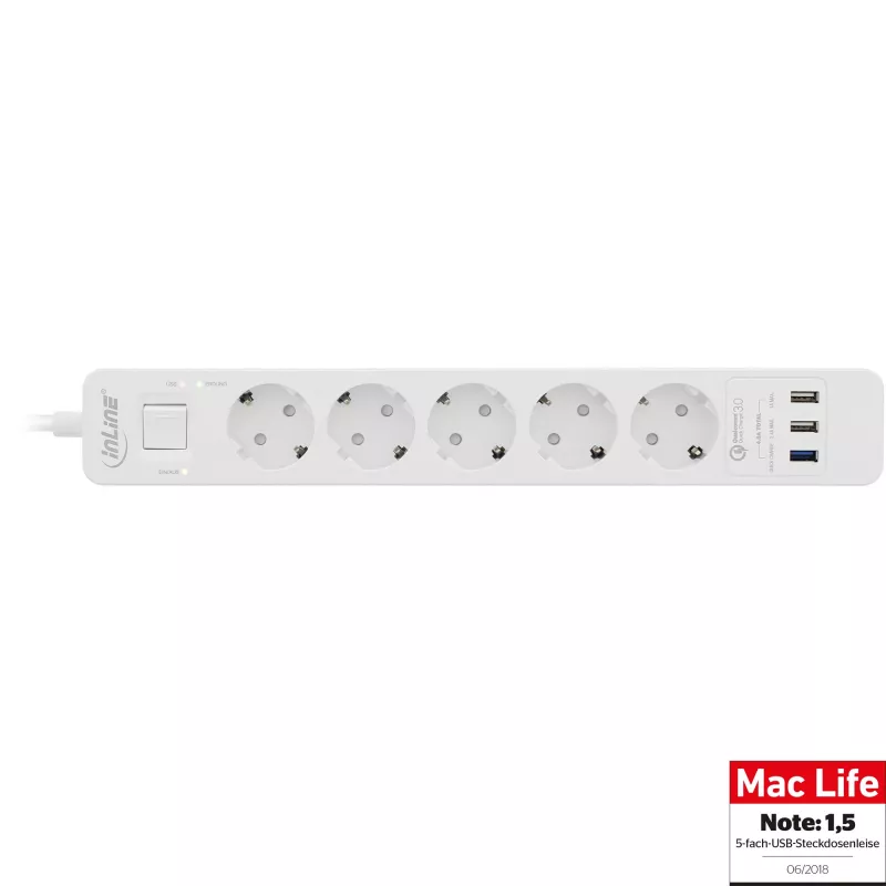 InLine kištukinis lizdas, 5 jungtys CEE 7/3, su apsauga ir USB QC3.0 baltas