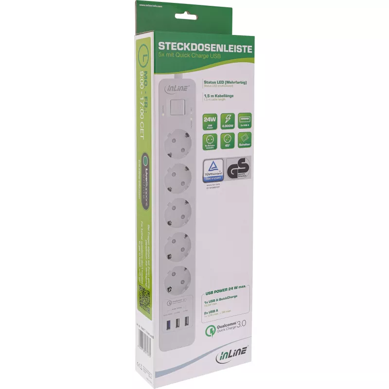 InLine kištukinis lizdas, 5 jungtys CEE 7/3, su apsauga ir USB QC3.0 baltas