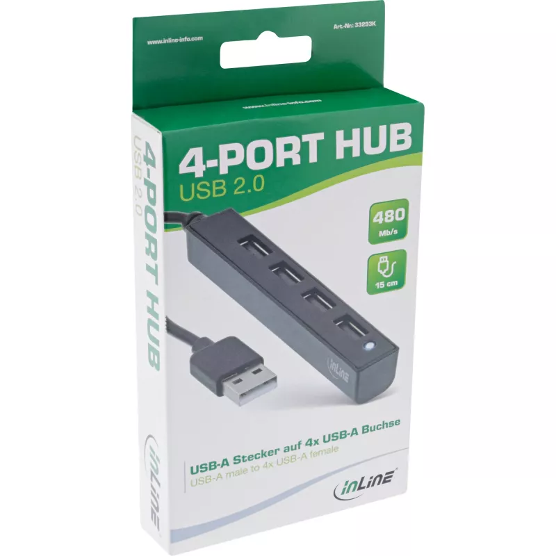 InLine USB 2.0 4 prievadų USB šakotuvas, USB-A kištukas į 4x USB-A lizdą, kabelis 15 cm