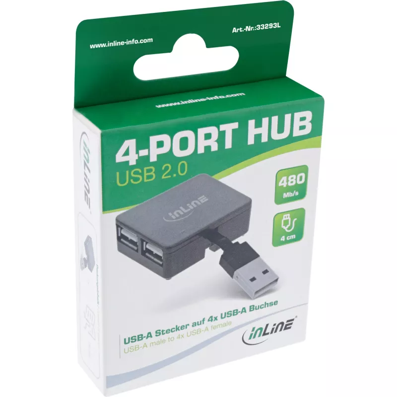 InLine USB 2.0 4 prievadų šakotuvas, USB-A kištukas į 4x USB-A lizdus, 4 cm laidas