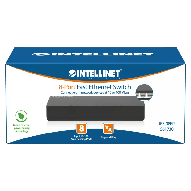 Intellinet 561730 8 prievadų Fast Ethernet komutatorius, stalinis, plastikinis, IEEE 802.3az (Energy Efficient Ethernet), juodas