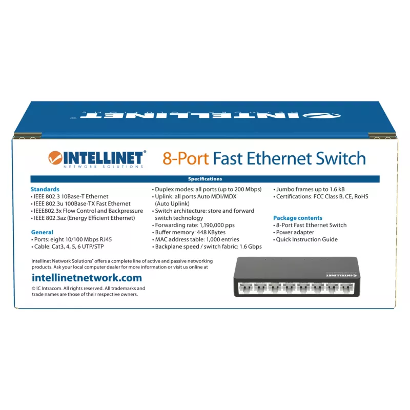 Intellinet 561730 8 prievadų Fast Ethernet komutatorius, stalinis, plastikinis, IEEE 802.3az (Energy Efficient Ethernet), juodas