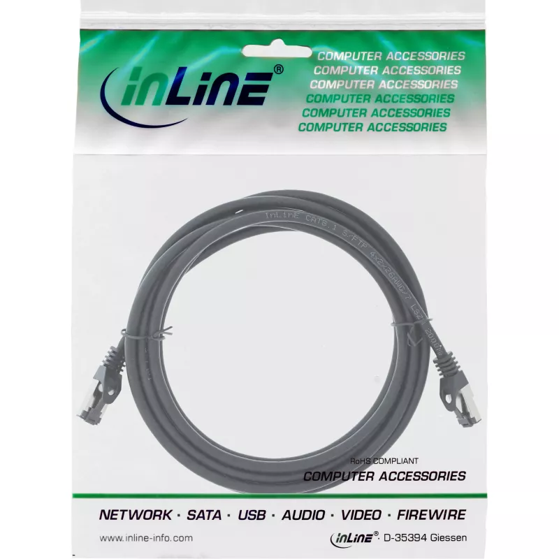 InLine Patch Laidas S/FTP PiMF Cat.8.1 halogen free 2000MHz juodas, 0,5 m
