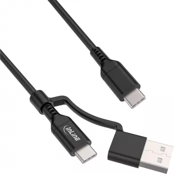 InLine 2-in-1 USB-C laidas su USB-A adapteriu, USB 2.0, 100W, TPE, juodas, 2m