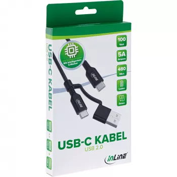InLine 2-in-1 USB-C laidas su USB-A adapteriu, USB 2.0, 100W, TPE, juodas, 2m