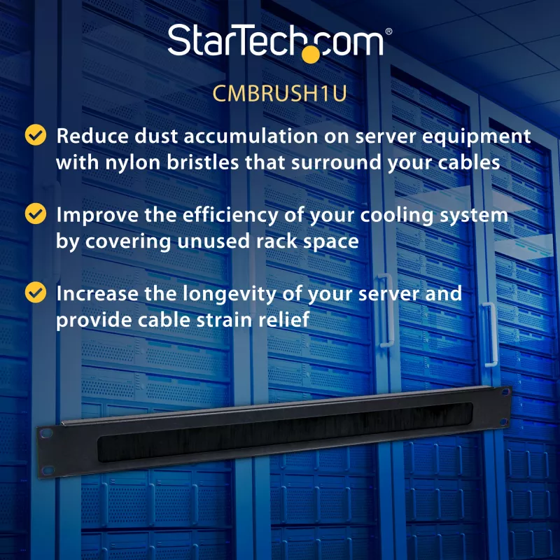 StarTech.com CMBRUSH1U 1U didelio tankio šepečių juostos kabelių valdymo skydelis, tvirtas plieninis horizontalus duomenų centro kabelių organizatorius