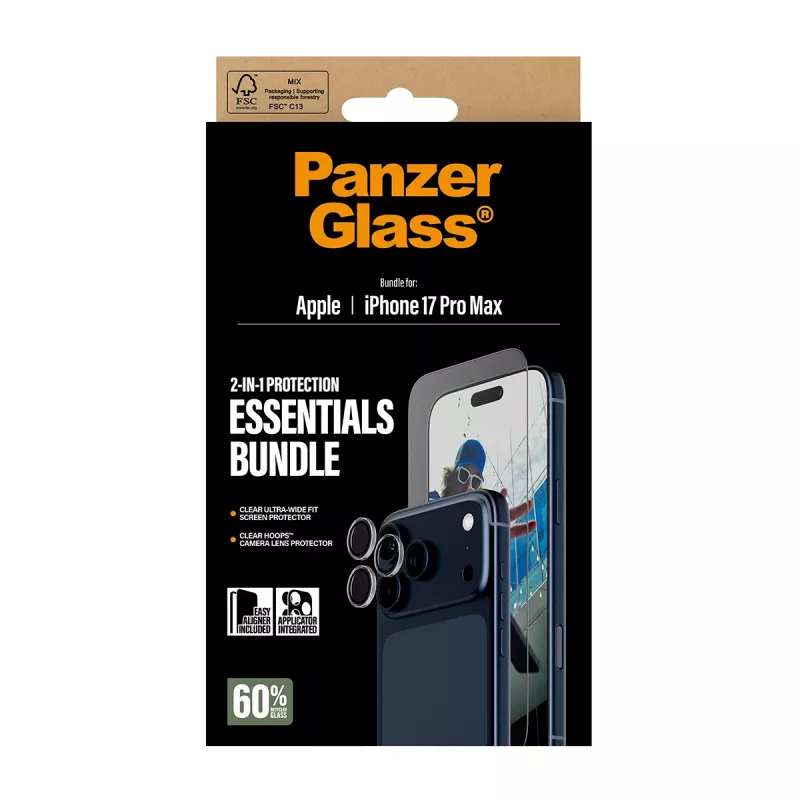 PanzerGlass 2-in-1 Essentials Bundle iPhone 17 Pro Max – apsauginis stiklas ekranui ir objektyvams