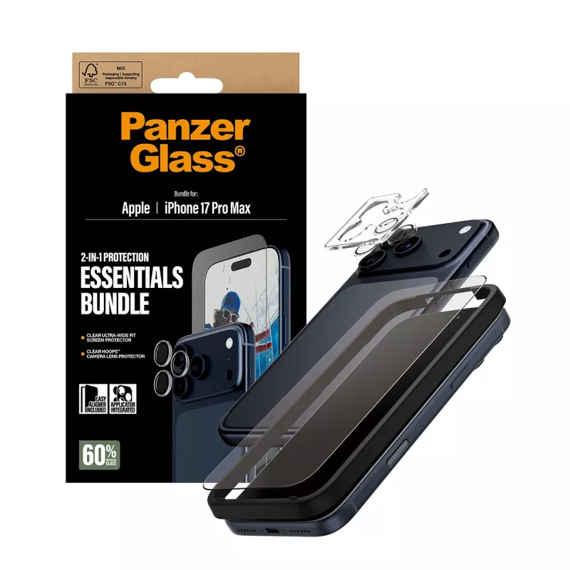 PanzerGlass 2-in-1 Essentials Bundle iPhone 17 Pro Max – apsauginis stiklas ekranui ir objektyvams