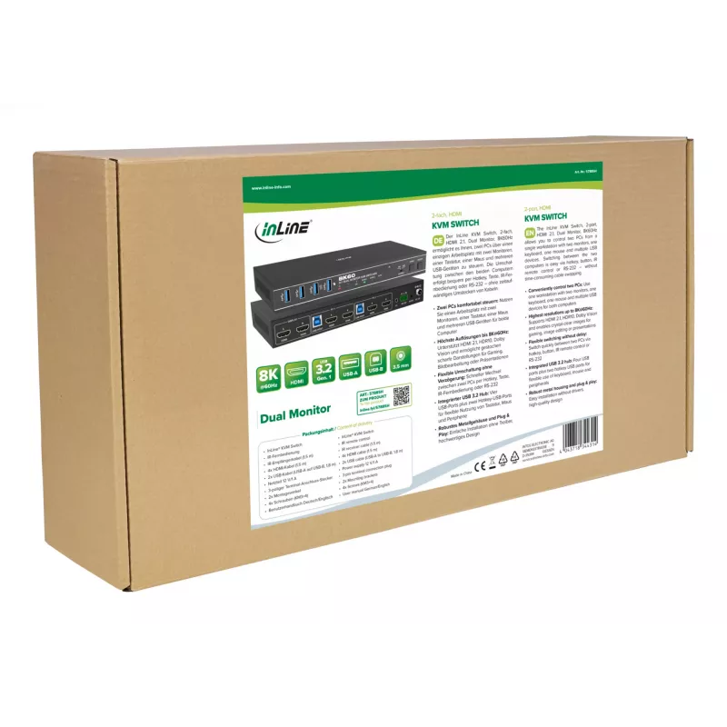 InLine 57885H KVM perjungiklis, 2 kanalų, HDMI, dviejų monitorių, 8K60Hz, USB šakotuvas, juodas