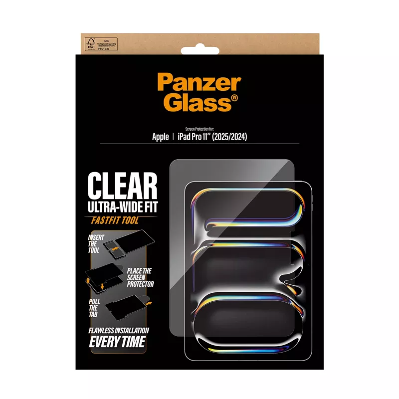 Apsauginis grūdinto stiklo ekrano dangtelis iPad Pro 11 colių (2024–2025) PanzerGlass – Ultra-Wide Fit, su FastFit įrankiu