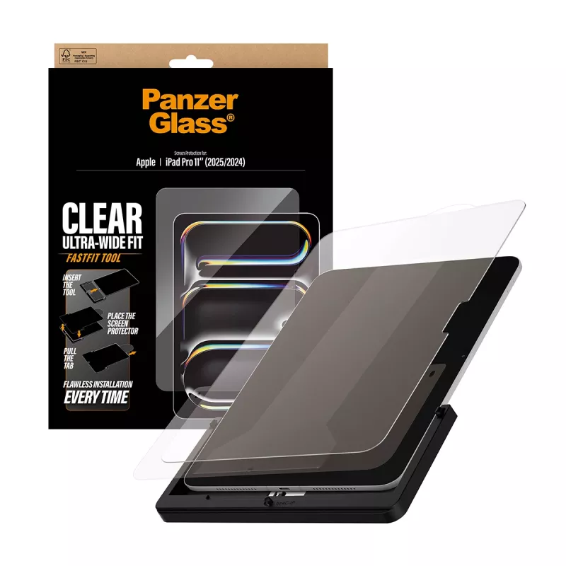 Apsauginis grūdinto stiklo ekrano dangtelis iPad Pro 11 colių (2024–2025) PanzerGlass – Ultra-Wide Fit, su FastFit įrankiu