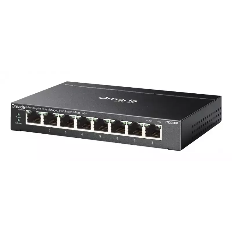 TP-Link Omada ES208GP valdomas L2 gigabitinis Ethernet komutatorius su PoE+ (8 prievadai, 64 W, DIN bėgis)