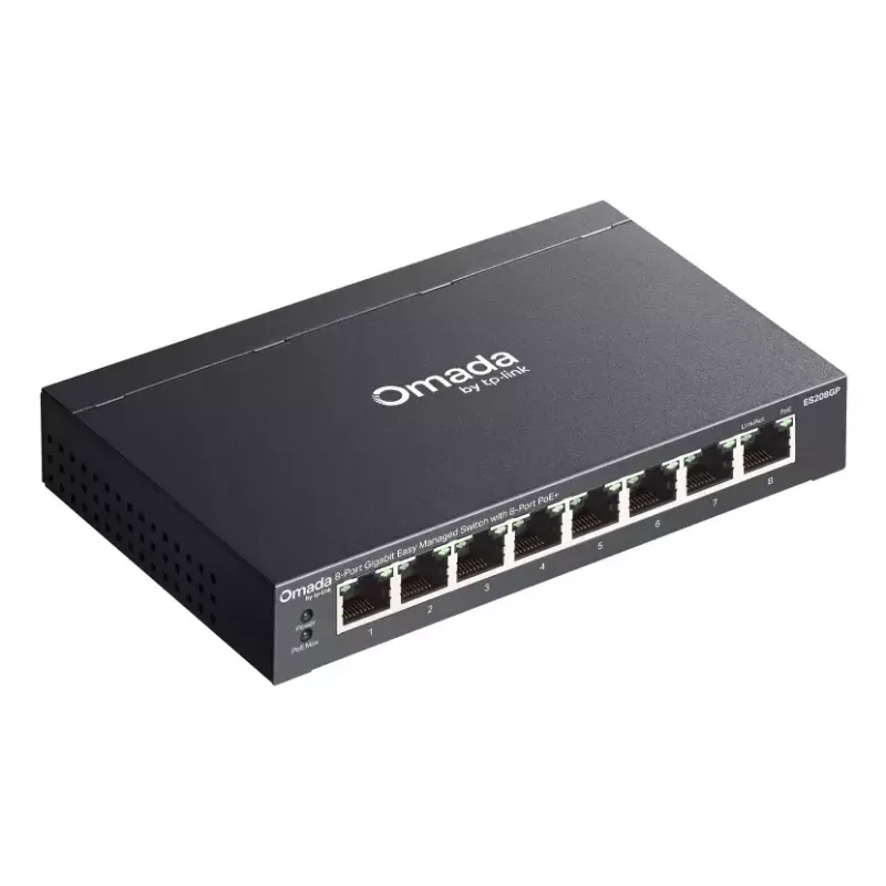 TP-Link Omada ES208GP valdomas L2 gigabitinis Ethernet komutatorius su PoE+ (8 prievadai, 64 W, DIN bėgis)