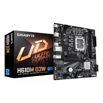 Motininė plokštė GIGABYTE H610M D3W LGA1700, skirta 12–14 kartos Intel procesoriams, DDR5 iki 5600 MHz, 128 GB, PCIe 3.0 M.2, 1GbE