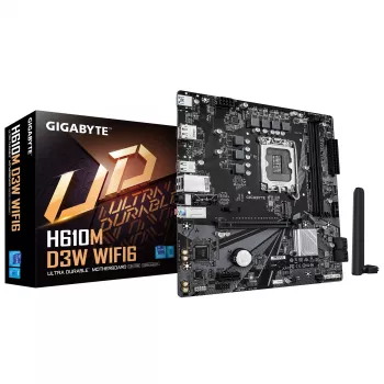 GIGABYTE H610M D3W WIFI6 pagrindinė plokštė – palaiko 14-os kartos Intel Core procesorius, 5+1+1 VRM fazės, iki 5600 MHz DDR4, 1xPCIe 3.0 M.2, Wi-Fi 6, 1GbE LAN, USB 3.2 Gen 1