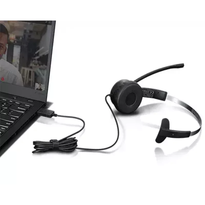 Lenovo 100 Mono ausinės su mikrafonu, laidinės, antgalvinės, USB-A, juodos