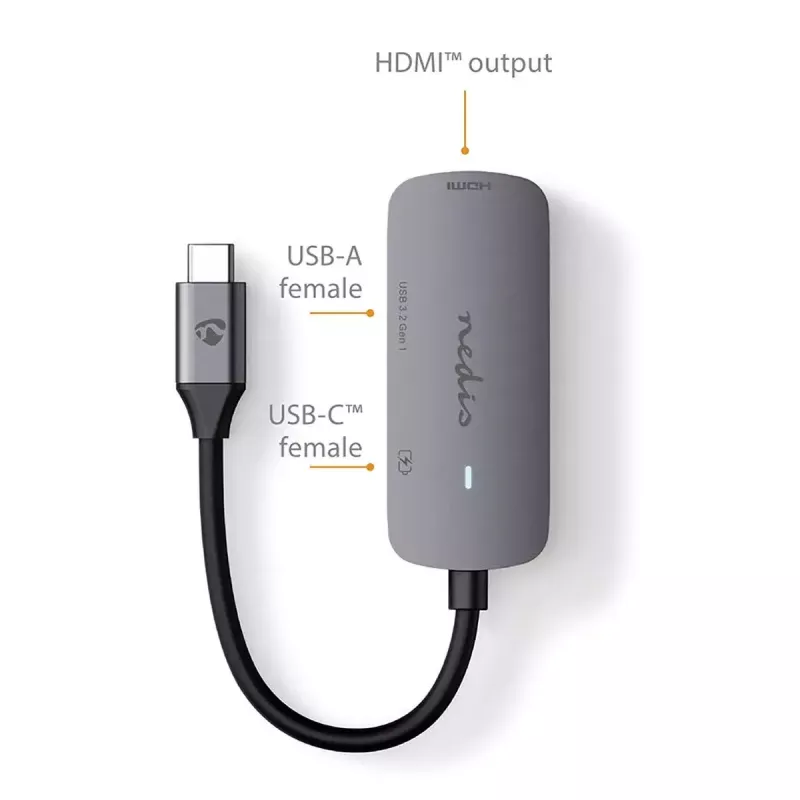 USB šakotuvas Nedis CCGB64230GY01 Type-C 5000 Mbit/s pilka