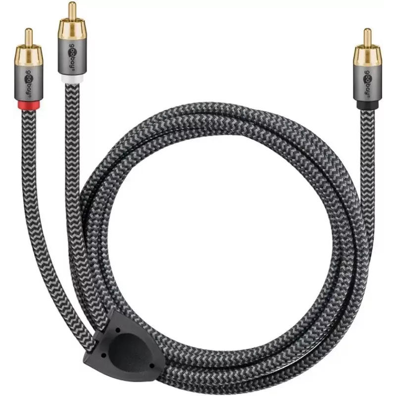 Audio kabelis WENTRONIC Goobay 65300 — 2 m, 2×RCA (kištukas) į RCA (kištukas), varinis, paauksuoti kontaktai, magnetinis ekranavimas