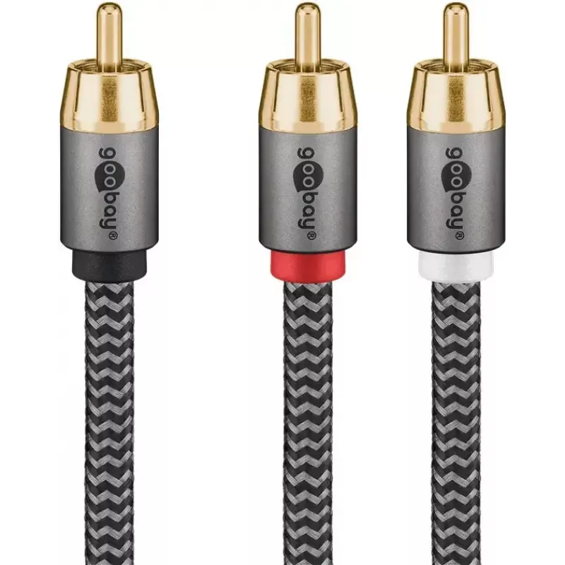 Garso kabelis WENTRONIC Goobay 65301 — 3 m, 2×RCA į RCA, variniai laidininkai, paauksuoti kontaktai, magnetinis ekranavimas
