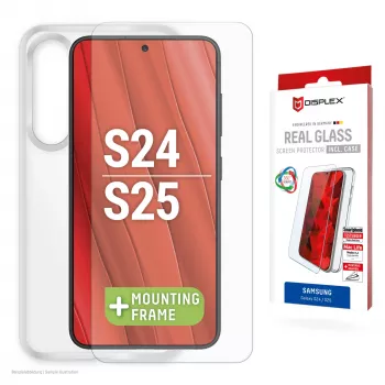 Displex apsauginis stiklas + dėklas, Samsung Galaxy S24/S25, su EASY-ON® Eco montavimo rėmeliu, atsparus įbrėžimams