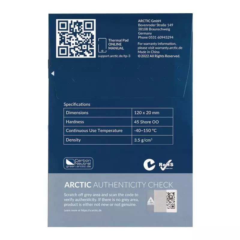 ARCTIC TP-3 Premium našumo šiluminė pagalvėlė 120 x 20 mm, 1,5 mm